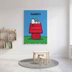 Snoopy Canvas Wall Art Peanuts Red Doghouse Blue Retro Cartoon Poster Print